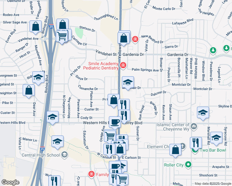 map of restaurants, bars, coffee shops, grocery stores, and more near 6346 Yellowstone Road in Cheyenne