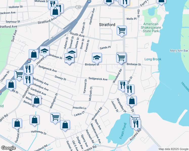 map of restaurants, bars, coffee shops, grocery stores, and more near 555 Sedgewick Avenue in Stratford