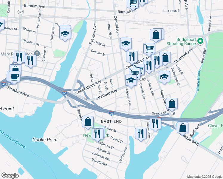 map of restaurants, bars, coffee shops, grocery stores, and more near 33 5th Street in Bridgeport