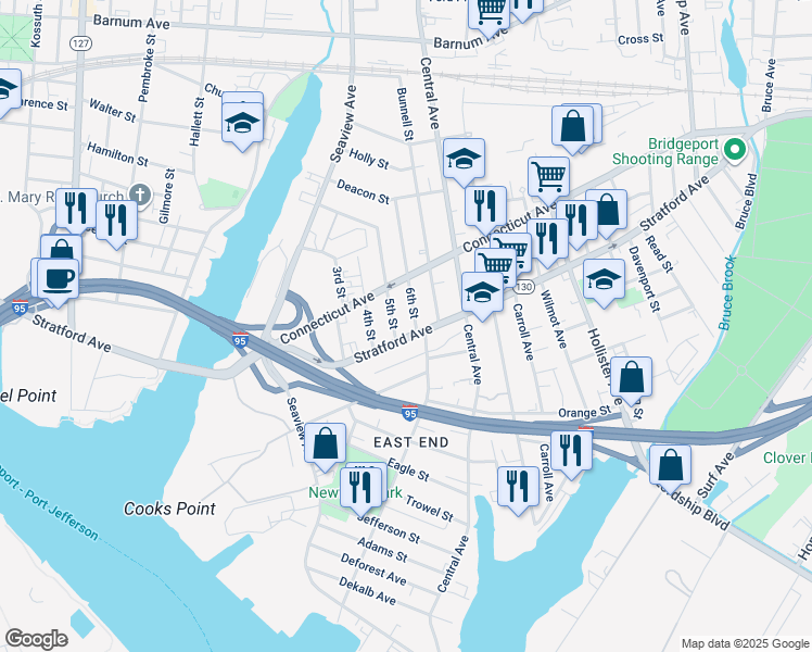 map of restaurants, bars, coffee shops, grocery stores, and more near 33 5th Street in Bridgeport