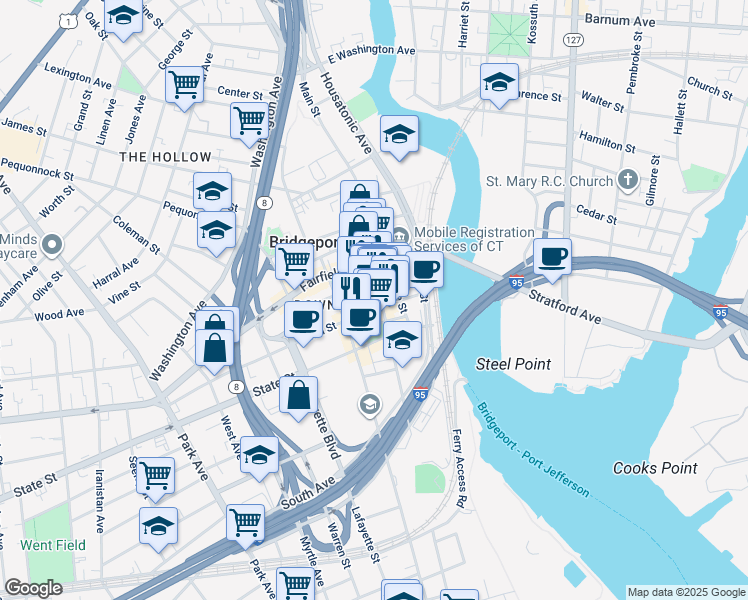 map of restaurants, bars, coffee shops, grocery stores, and more near 991 Main Street in Bridgeport
