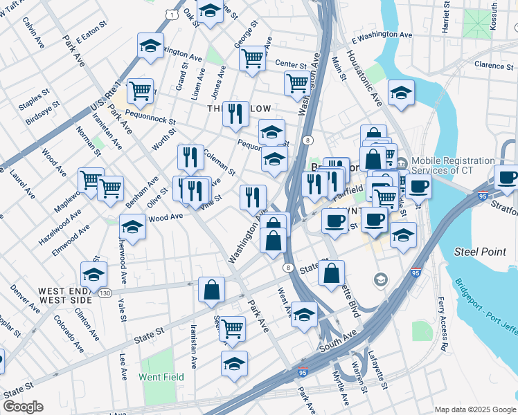map of restaurants, bars, coffee shops, grocery stores, and more near in Bridgeport