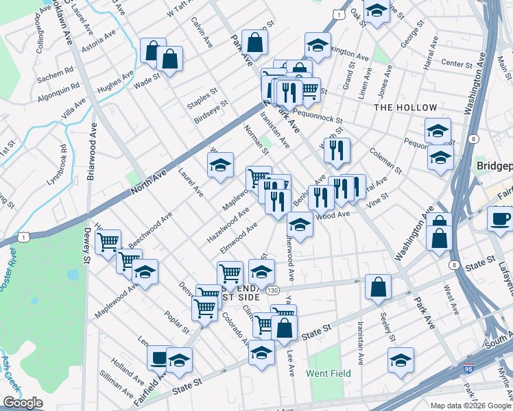 map of restaurants, bars, coffee shops, grocery stores, and more near 365 Wood Avenue in Bridgeport