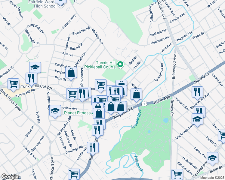 map of restaurants, bars, coffee shops, grocery stores, and more near 122 Greenfield Street in Fairfield