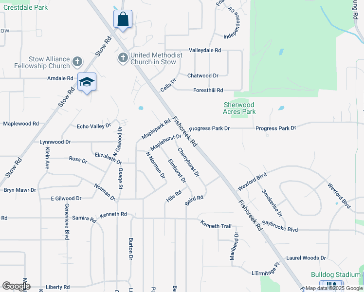 map of restaurants, bars, coffee shops, grocery stores, and more near 4610 Fishcreek Road in Stow