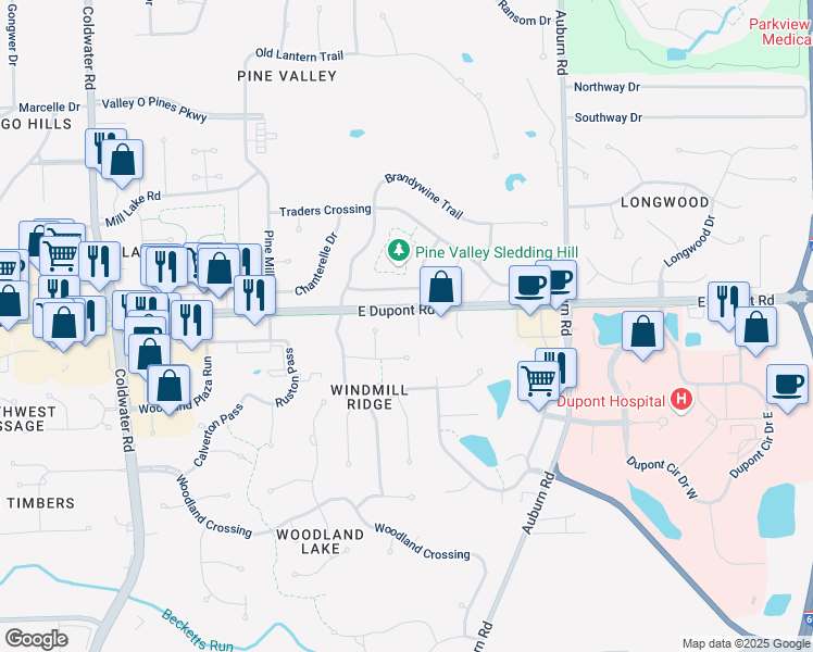 map of restaurants, bars, coffee shops, grocery stores, and more near 10316 Keen Place in Fort Wayne