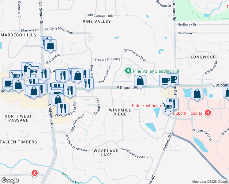 map of restaurants, bars, coffee shops, grocery stores, and more near 10328 Brandywine Drive in Fort Wayne