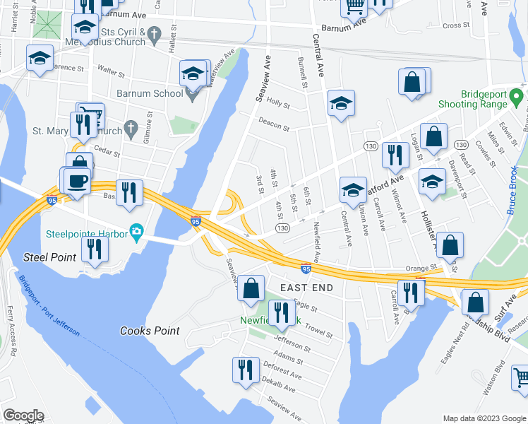 map of restaurants, bars, coffee shops, grocery stores, and more near 76 Baldwin Street in Bridgeport