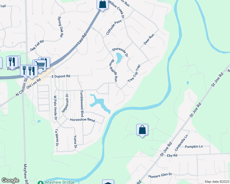 map of restaurants, bars, coffee shops, grocery stores, and more near 6317 Tree Top Trail in Fort Wayne