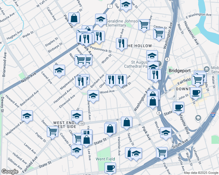map of restaurants, bars, coffee shops, grocery stores, and more near 1288 Iranistan Avenue in Bridgeport