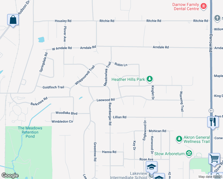 map of restaurants, bars, coffee shops, grocery stores, and more near 3999 Baumberger Road in Stow