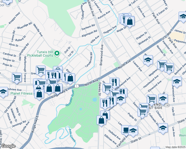 map of restaurants, bars, coffee shops, grocery stores, and more near 25 Cartright Street in Bridgeport