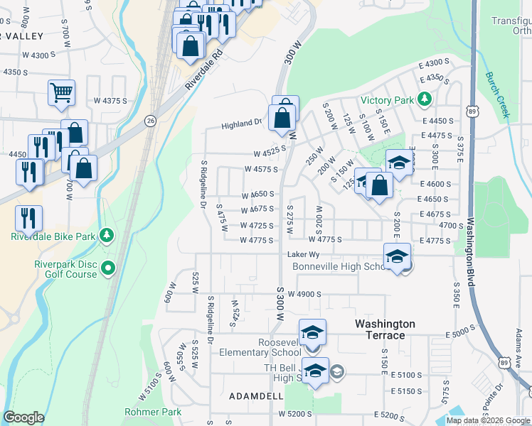 map of restaurants, bars, coffee shops, grocery stores, and more near 339 West 4675 South in Washington Terrace