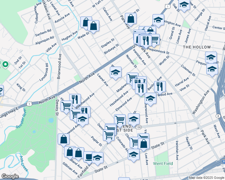 map of restaurants, bars, coffee shops, grocery stores, and more near 706 Laurel Avenue in Bridgeport