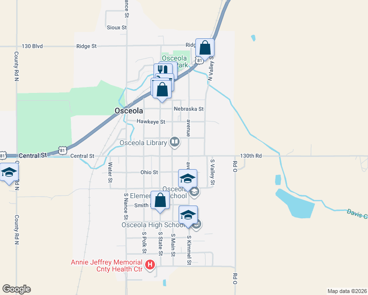map of restaurants, bars, coffee shops, grocery stores, and more near 131 North Main Street in Osceola