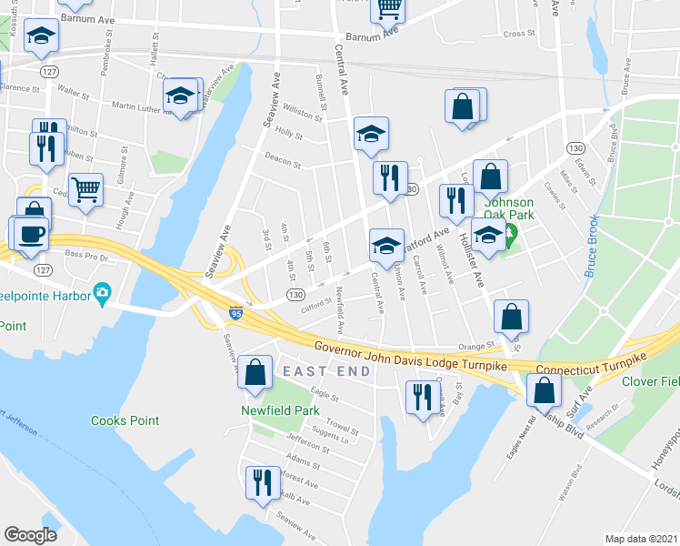 map of restaurants, bars, coffee shops, grocery stores, and more near 1157 Stratford Avenue in Bridgeport