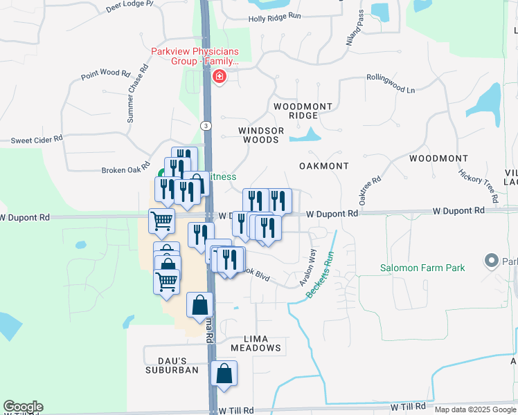 map of restaurants, bars, coffee shops, grocery stores, and more near 1502 West Dupont Road in Fort Wayne