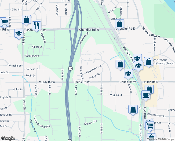 map of restaurants, bars, coffee shops, grocery stores, and more near 2908 Columbus Avenue in Bellevue