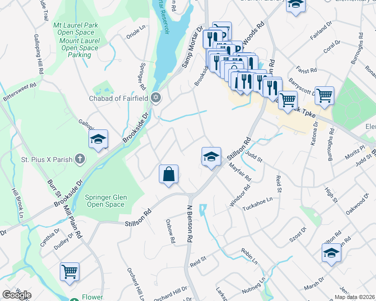 map of restaurants, bars, coffee shops, grocery stores, and more near 24 Valley View Place in Fairfield