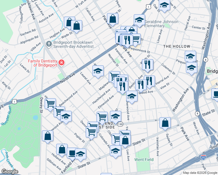map of restaurants, bars, coffee shops, grocery stores, and more near 437 Maplewood Avenue in Bridgeport
