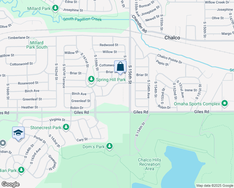 map of restaurants, bars, coffee shops, grocery stores, and more near 15735 Rosewood Street in Omaha