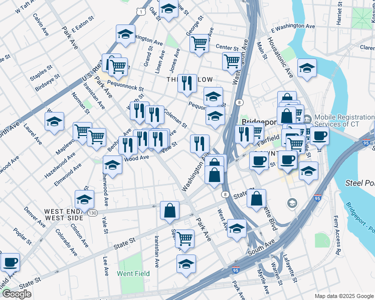 map of restaurants, bars, coffee shops, grocery stores, and more near 129 Washington Terrace in Bridgeport