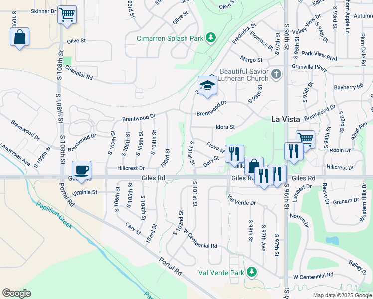 map of restaurants, bars, coffee shops, grocery stores, and more near 8200 South 101st Street in La Vista