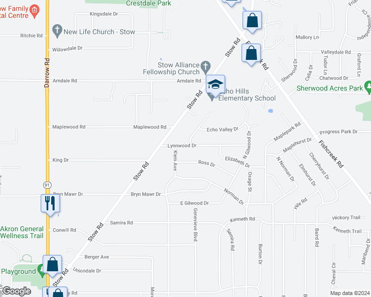 map of restaurants, bars, coffee shops, grocery stores, and more near 2216 Lynnwood Drive in Stow