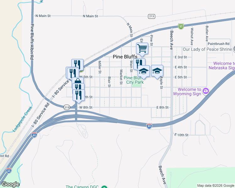 map of restaurants, bars, coffee shops, grocery stores, and more near 610 Market Street in Pine Bluffs