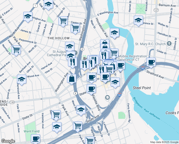 map of restaurants, bars, coffee shops, grocery stores, and more near 323 Fairfield Avenue in Bridgeport