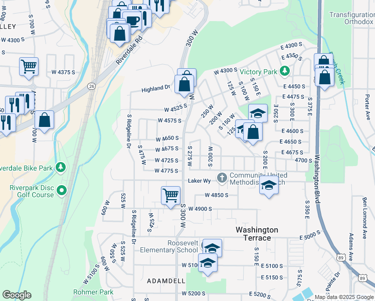 map of restaurants, bars, coffee shops, grocery stores, and more near 4689 South 275 West in Ogden