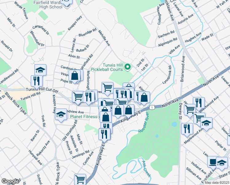 map of restaurants, bars, coffee shops, grocery stores, and more near 122 Greenfield Street in Fairfield