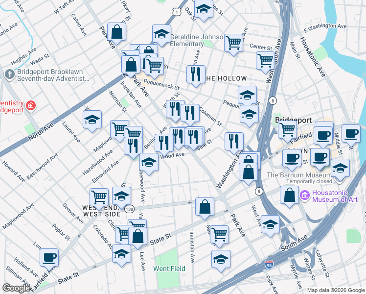 map of restaurants, bars, coffee shops, grocery stores, and more near 1269 Park Avenue in Bridgeport