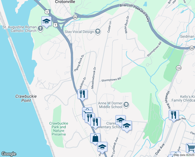 map of restaurants, bars, coffee shops, grocery stores, and more near 133 Cedar Lane in Ossining