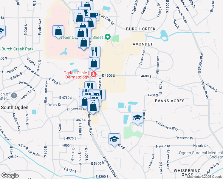 map of restaurants, bars, coffee shops, grocery stores, and more near 4698 Old Post Road in Ogden