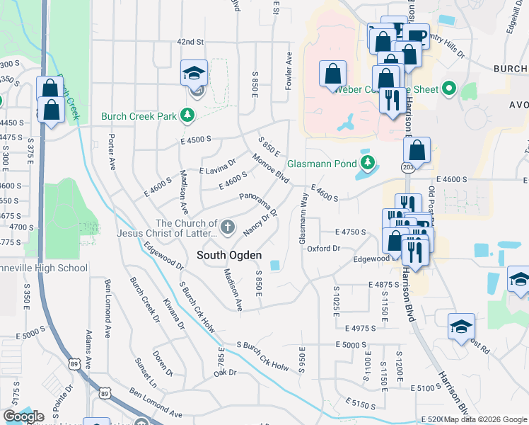 map of restaurants, bars, coffee shops, grocery stores, and more near 783 Vista Drive in Ogden