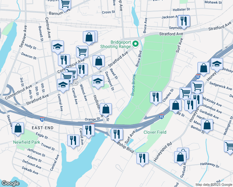map of restaurants, bars, coffee shops, grocery stores, and more near 111 Davenport Street in Bridgeport