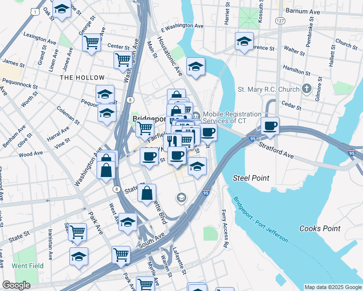 map of restaurants, bars, coffee shops, grocery stores, and more near 991 Main Street in Bridgeport