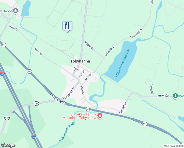 map of restaurants, bars, coffee shops, grocery stores, and more near 670A Mill Street in Tobyhanna