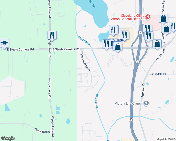 map of restaurants, bars, coffee shops, grocery stores, and more near 3950 Wyndham Ridge Drive in Stow