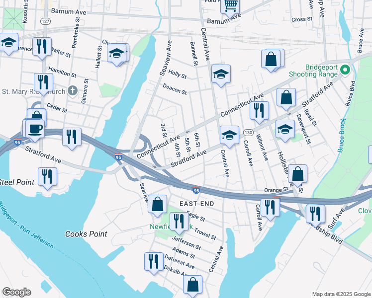 map of restaurants, bars, coffee shops, grocery stores, and more near 39 5th Street in Bridgeport