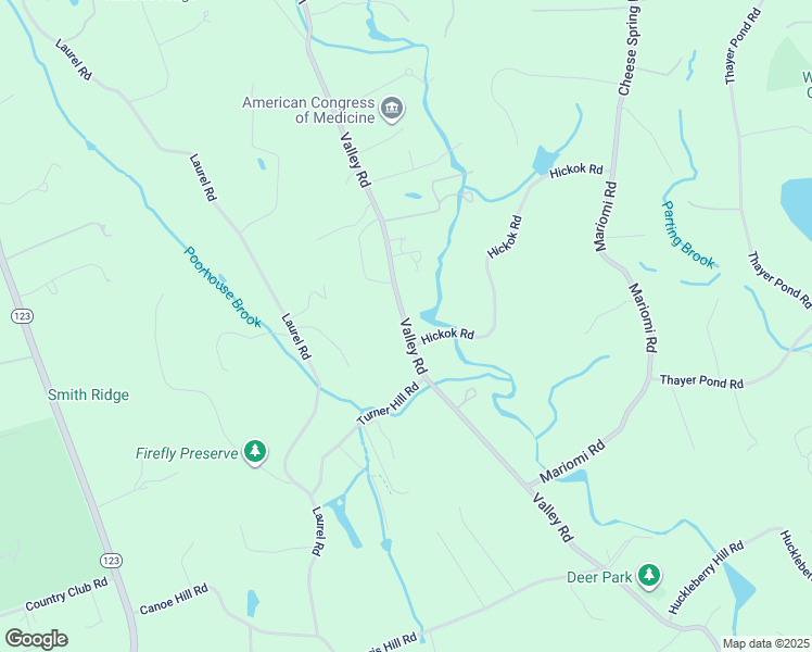 map of restaurants, bars, coffee shops, grocery stores, and more near 719 Valley Road in New Canaan