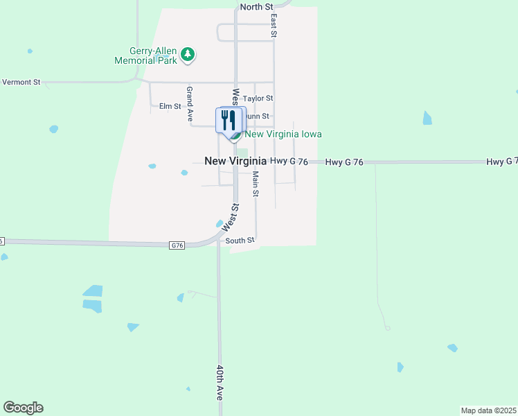 map of restaurants, bars, coffee shops, grocery stores, and more near 124 Main Street in New Virginia