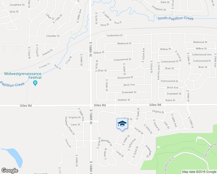 map of restaurants, bars, coffee shops, grocery stores, and more near 18915 Birch Avenue in Omaha