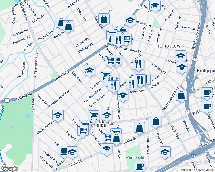 map of restaurants, bars, coffee shops, grocery stores, and more near 372 Wood Avenue in Bridgeport