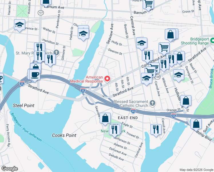 map of restaurants, bars, coffee shops, grocery stores, and more near 266 Connecticut Avenue in Bridgeport