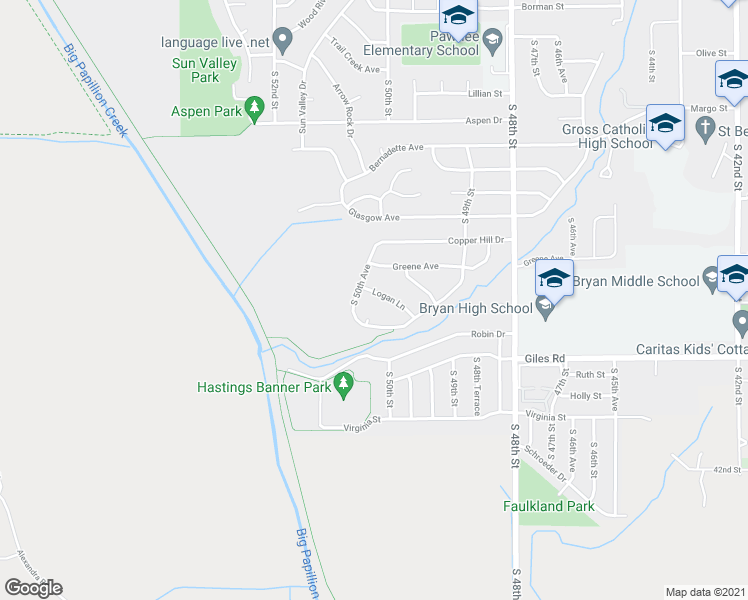 map of restaurants, bars, coffee shops, grocery stores, and more near 4953 Logan Ln in Omaha