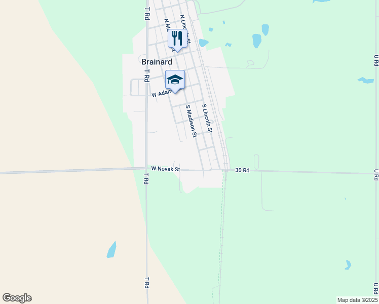 map of restaurants, bars, coffee shops, grocery stores, and more near 604 South Madison Street in Brainard