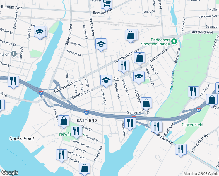 map of restaurants, bars, coffee shops, grocery stores, and more near 445 Union Avenue in Bridgeport