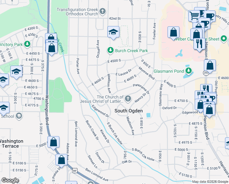 map of restaurants, bars, coffee shops, grocery stores, and more near 730 Panorama Drive in Ogden